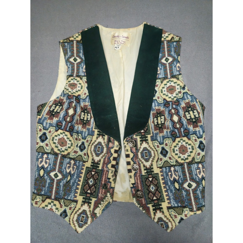 Cassidy's Casuals Vintage Southwestern Tapestry Vest Green Velvet Trim Med READ - Picture 1 of 7